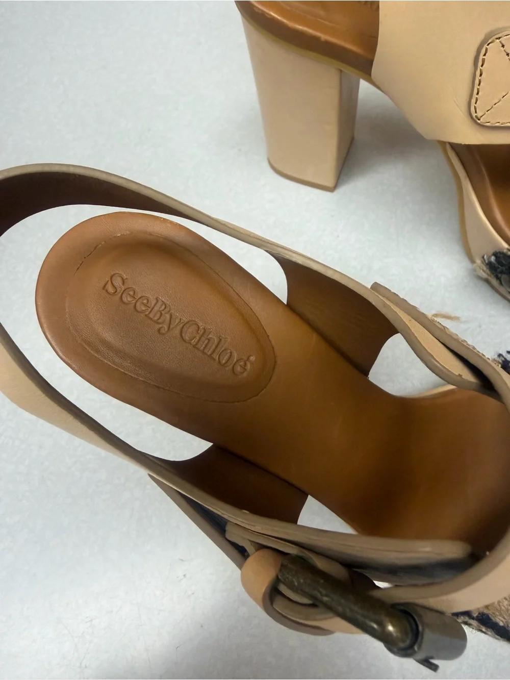 See by Chloe Woven Fringe Platform Sandals in Beige and Navy